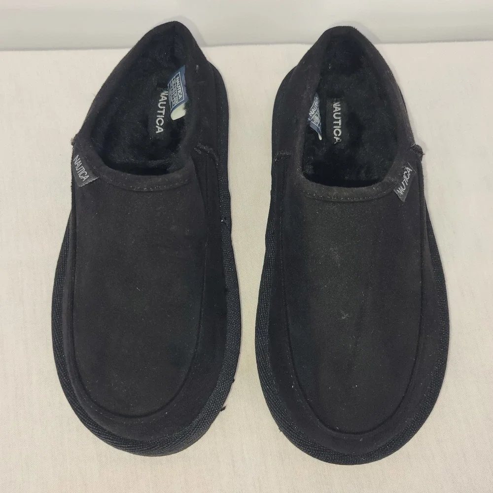 Nautica Kids Black Faux Fur Lined‎ Slip On Moccasin Slippers